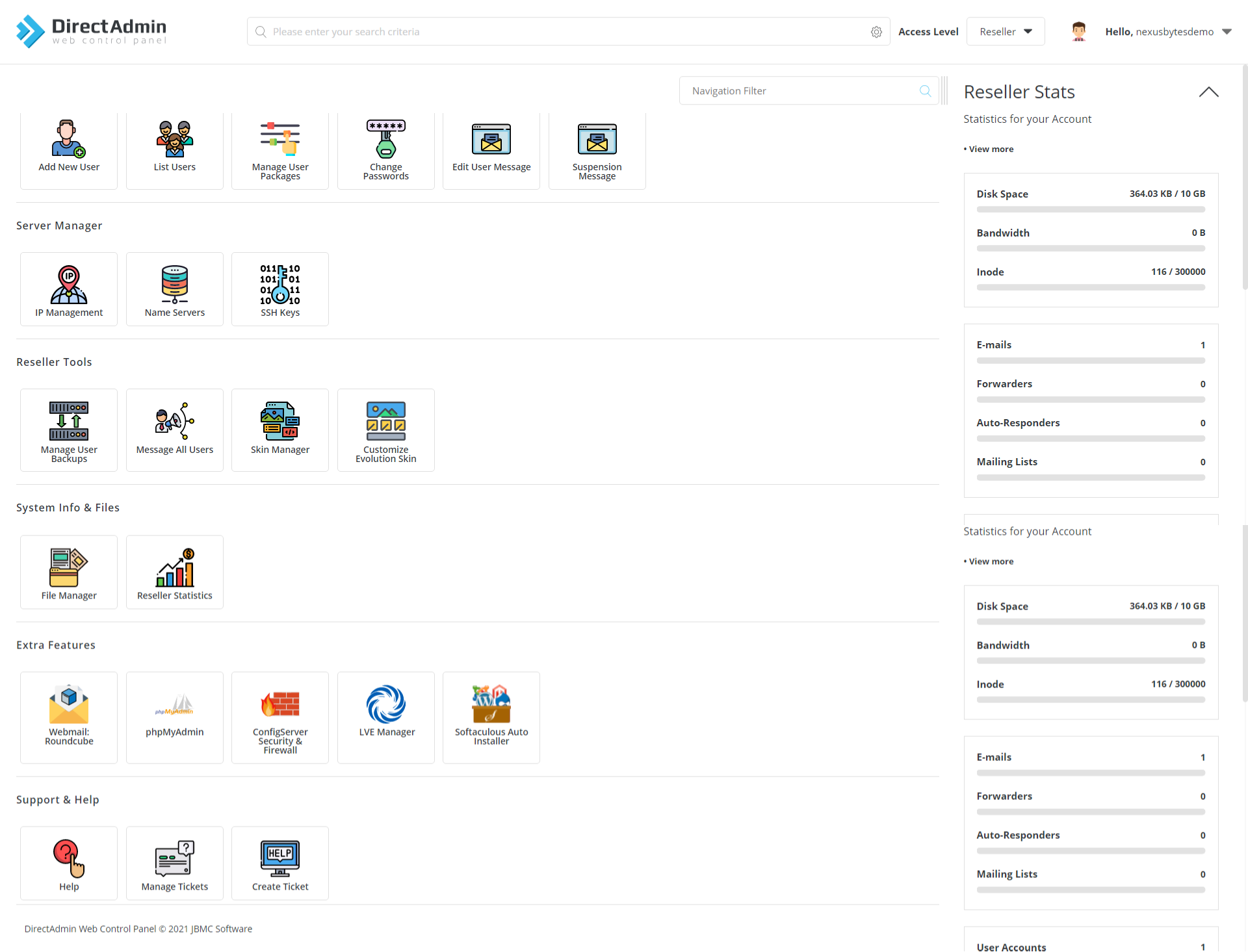 Directadmin Dashboard for reseller hosting